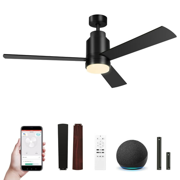 Uforic 52 inch Modern Black Ceiling Fan with Light and Remote and App Control, Smart Ceiling Fan with 3 Blades,6-speed,Compatible with Alexa Google Home