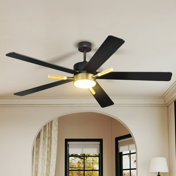 Uforic 52-inch Modern Black and Gold Ceiling Fan with Lights and Remote Control,5 Blades with Crystal Rod Design