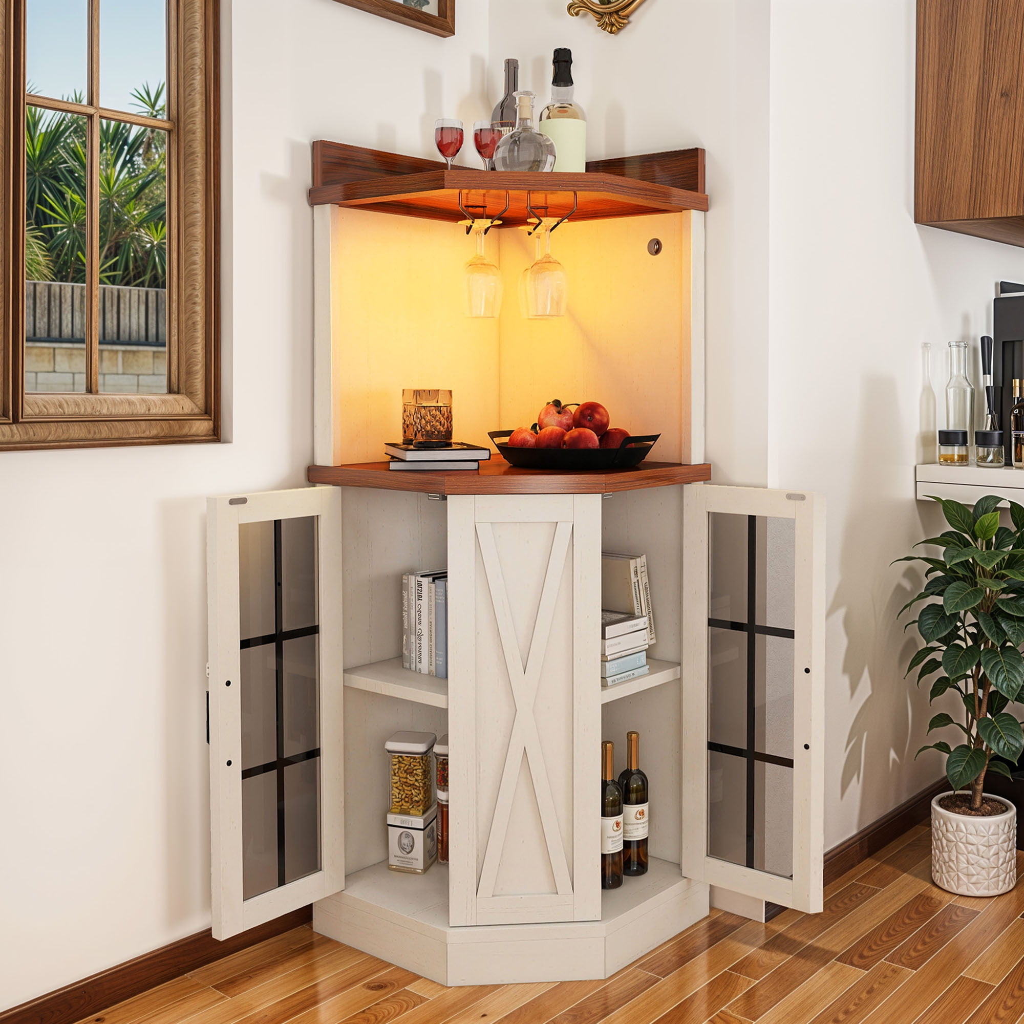 Uforic 53" Corner Bar Unit with LED Lights, Wine Cabinet with Glass Holder & Door, White