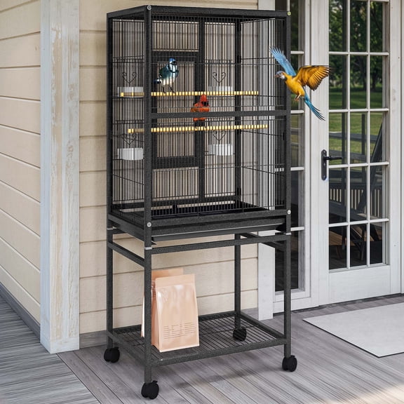 Uforic 53 Inch Sturdy Metal Bird Cage with Dual Covers, Seed Catcher & Secure Safety Lock, Storage Shelf & Slide-Out Cleaning Tray for Small Medium Birds, Black