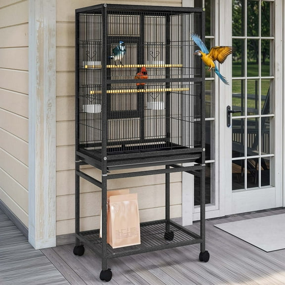 Uforic 53" Metal Bird cage with Rolling Stand, 2 Perches and 4 Feeders, Black