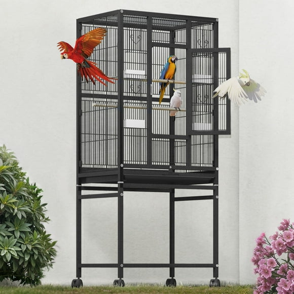 Uforic 53" Metal Birdcage with Rolling Stand and Castor Wheels, Large Parrot Cage with 2 Perches and 4 Feeders, Spacious storage rack sits, Black