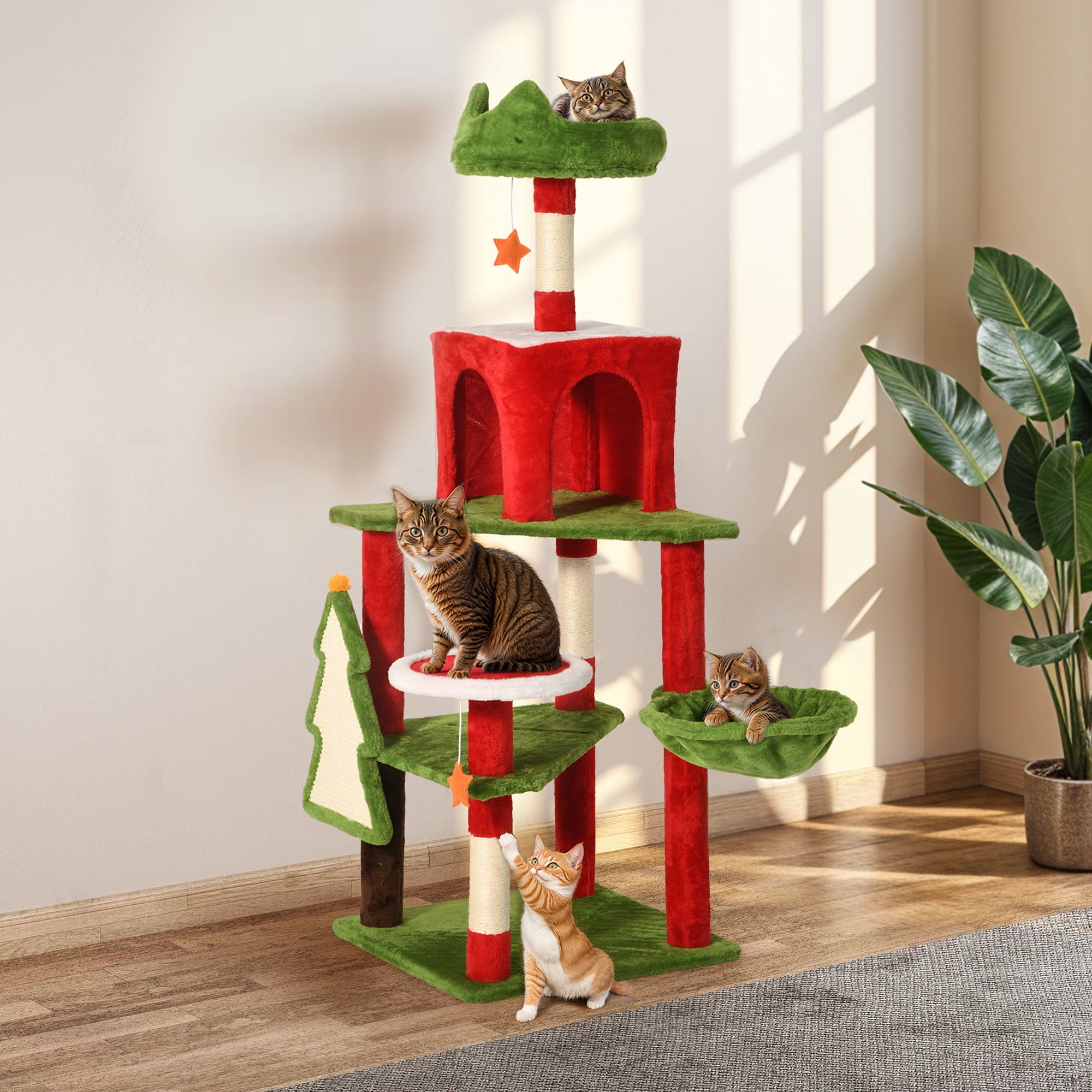 Uforic 54" Christmas Cat Tree Tower with Hammock, Sisal Scratching Posts and Top Perches ,Cat Condos for Indoor Cats