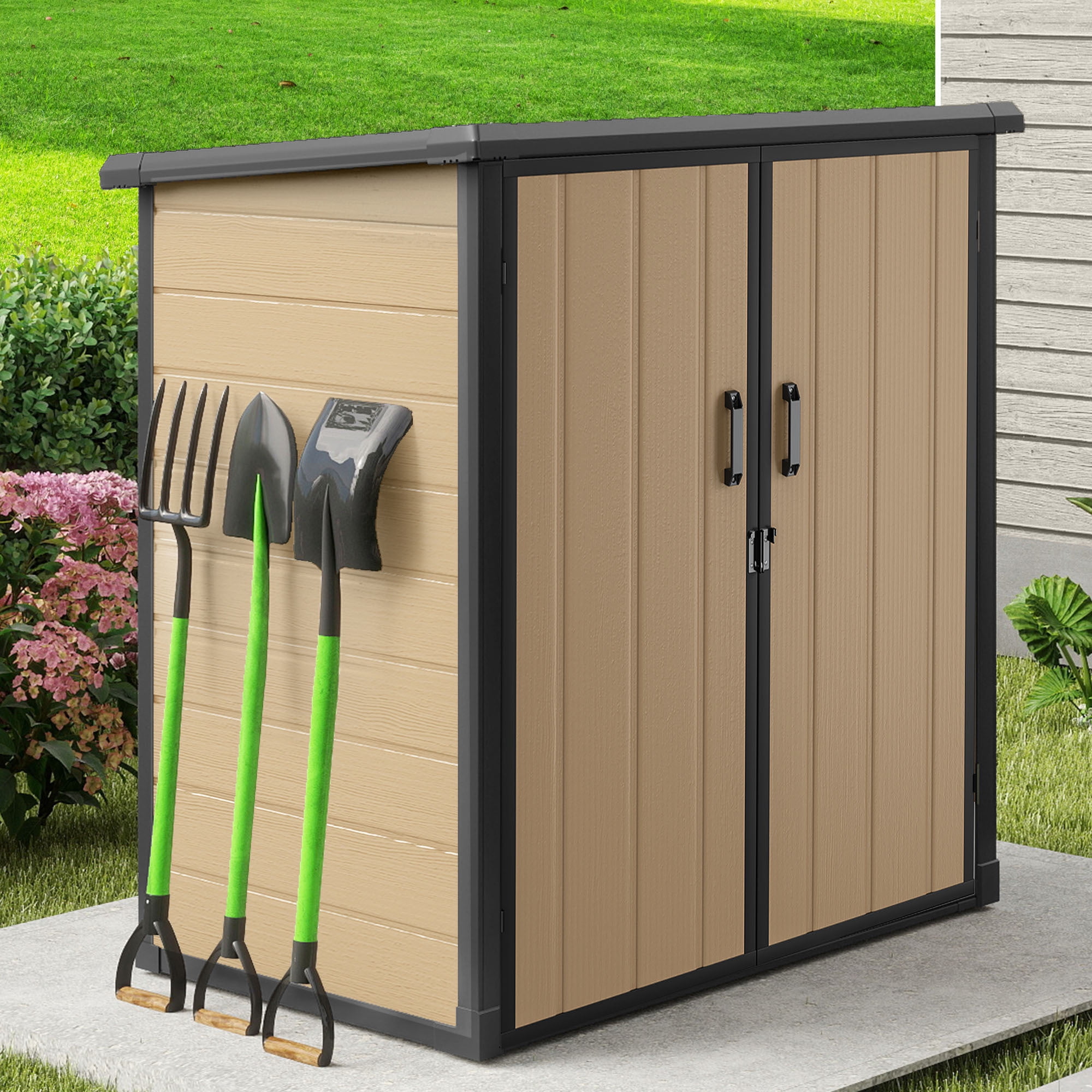 Uforic 54 Cu. Ft. Outdoor Vertical Storage Shed with 2 Shelves, 4.2x2.6x5 Ft, Includes Floor & Lockable Doors, Durable Double-Wall Plastic Cabinet for Trash Cans, Tools and Garden Equipment, Brown
