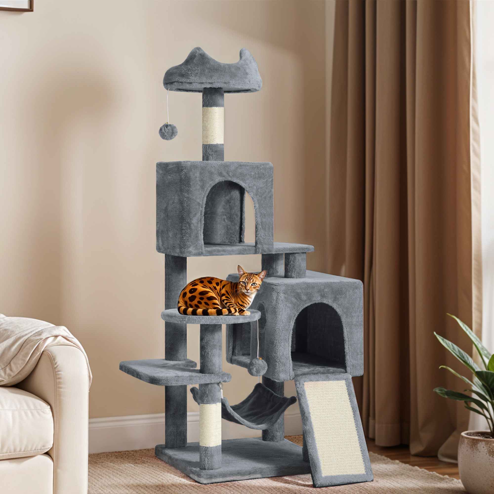 Uforic 54in Cat Tree Tower, Multi-Level Cat Condos, with Scratch Posts, Plush Top Perches, Hammock, Pet Play House, Dark Gray