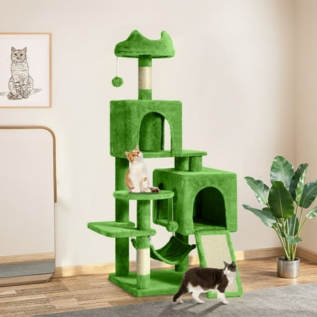Uforic 54in Cat Tree Tower, Multi-Level Cat Condos, with Scratch Posts, Plush Top Perches, Hammock, Pet Play House, Green