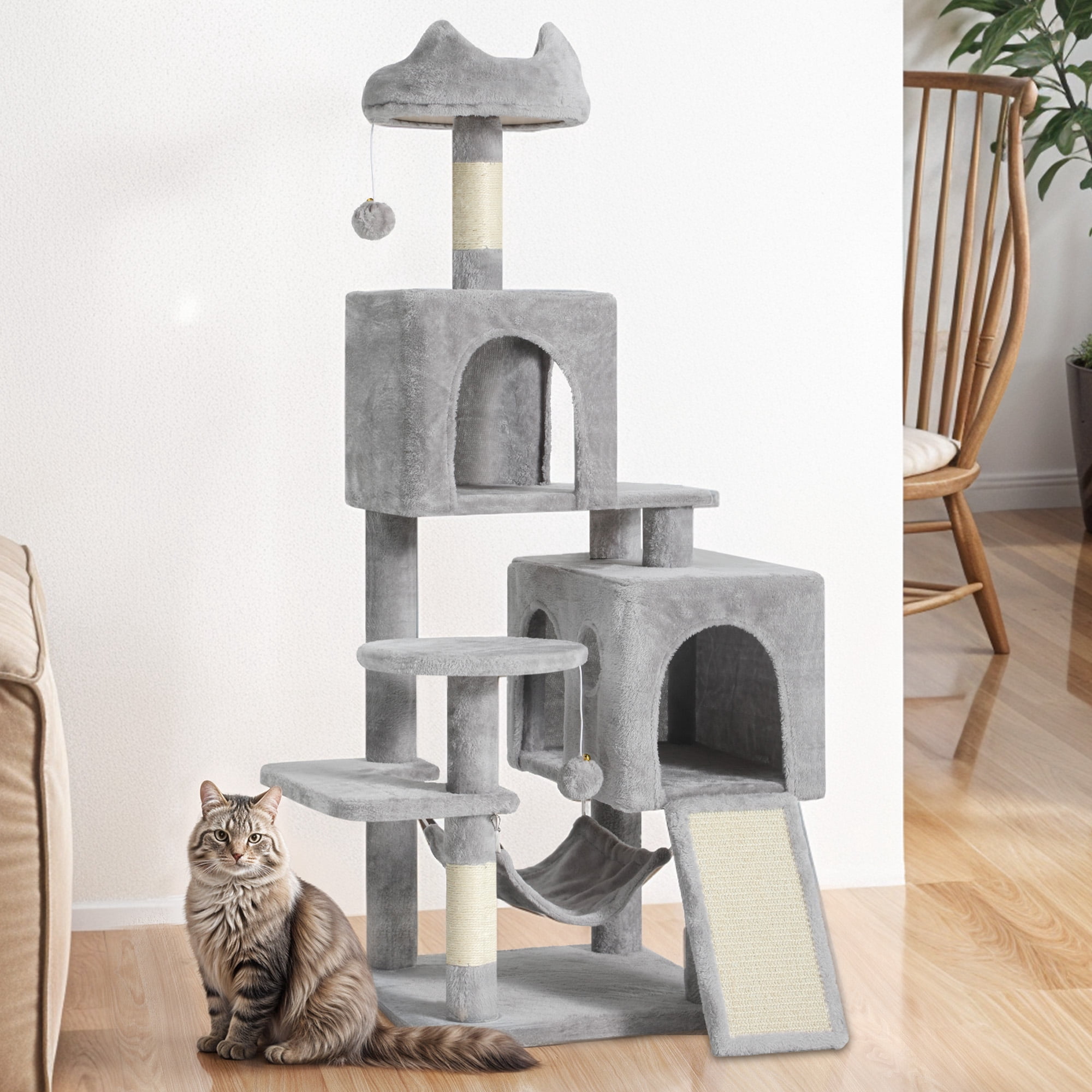 Uforic 54in Cat Tree Tower with Sisal Scratch Posts, Condo, Hammock in Light Gray