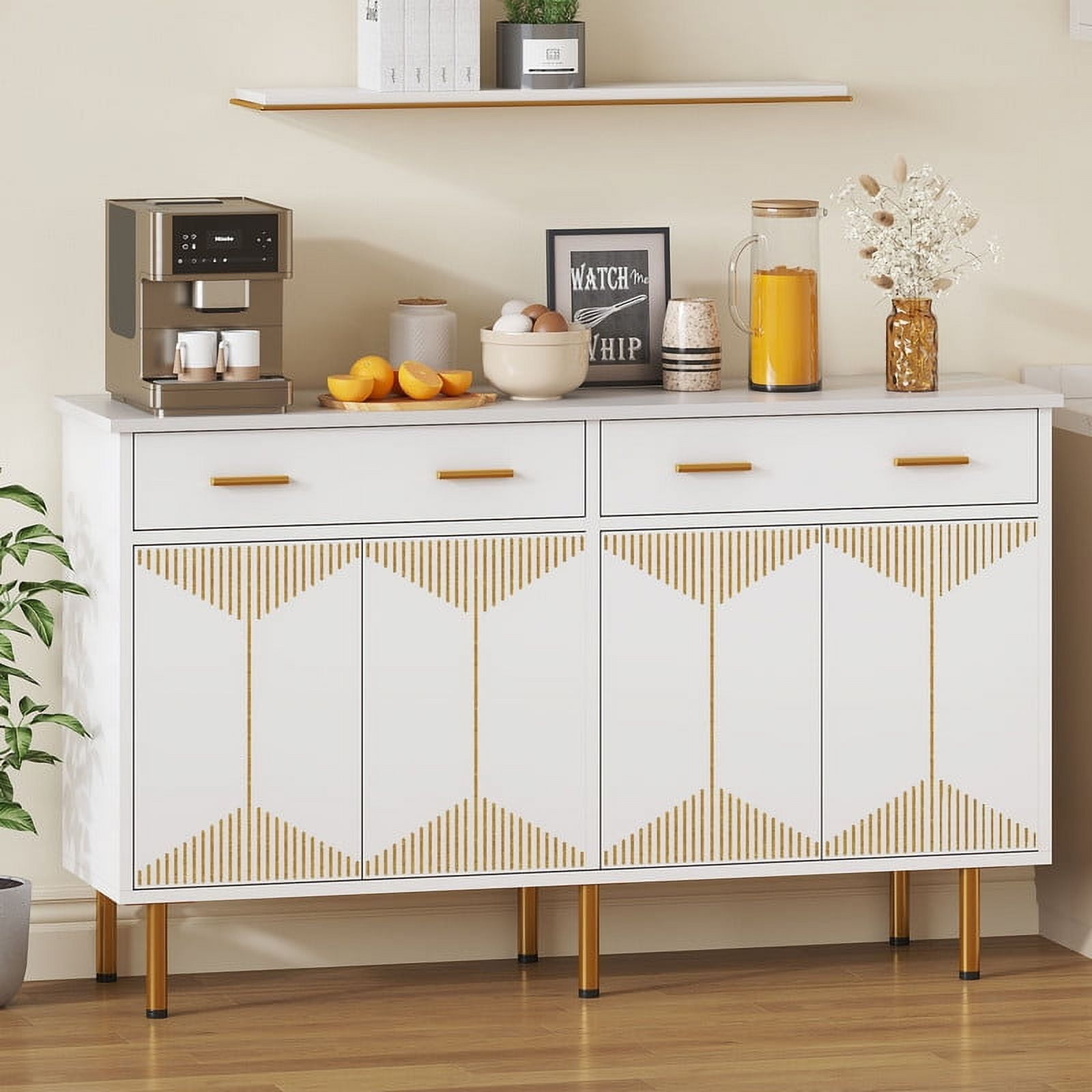 White and Gold 55" Modern MDF Buffet Cabinet with Carved Doors