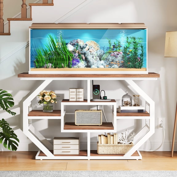 Uforic 55-75 Gal Aquarium Stand with Power Outlet – Faux Marble Fish Tank Stand for Turtle Tank, Reptile Terrarium, 860 lbs Capacity - White & Gold