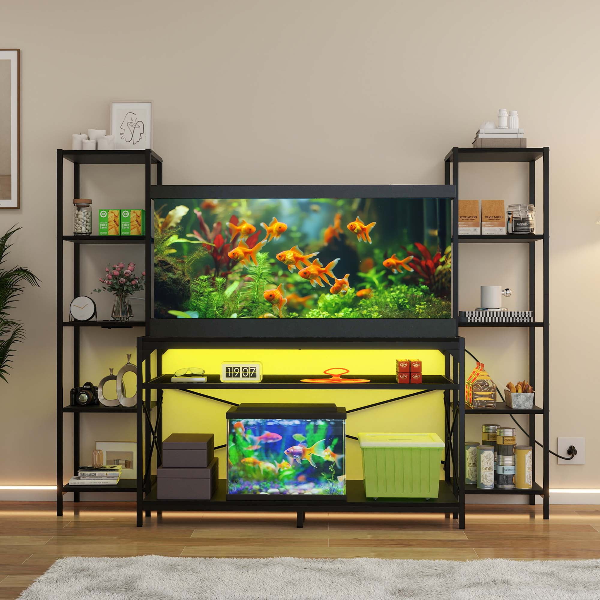 Uforic 55-75 Gallon Heavy Duty Metal Aquarium Stand with Power Outlets & LED Light, Fish Tank Stand, Turtle Tank, Reptile Terrarium with Cabinet, 880LBS Capacity-Black