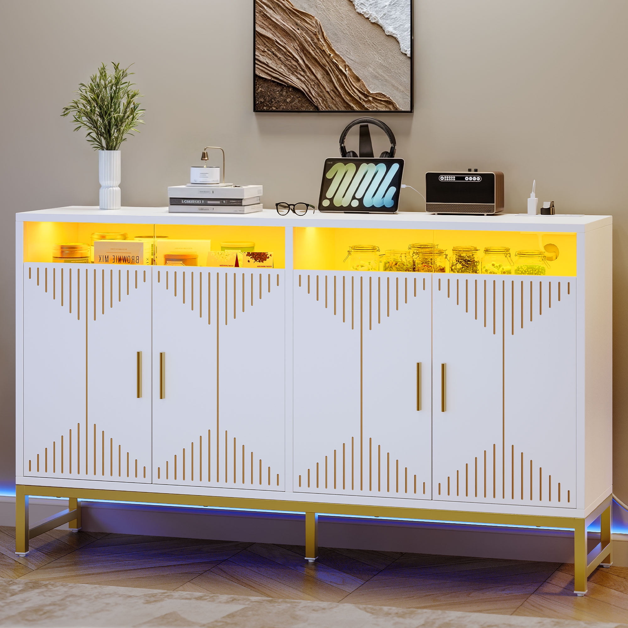 Uforic 55" Buffet Sideboard Cabinets with LED Light, Modern Coffee Bar Cabinet with Power Outlet, Kitchen Storage Cabinet with 4 Door & Open Storage, Accent Cabinet Cupboard Console Table