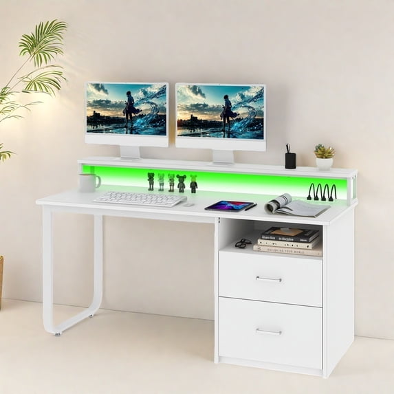 Uforic 55" Computer Desk with Drawers, Home Office Desk with LED Lights& Power Outlet, White