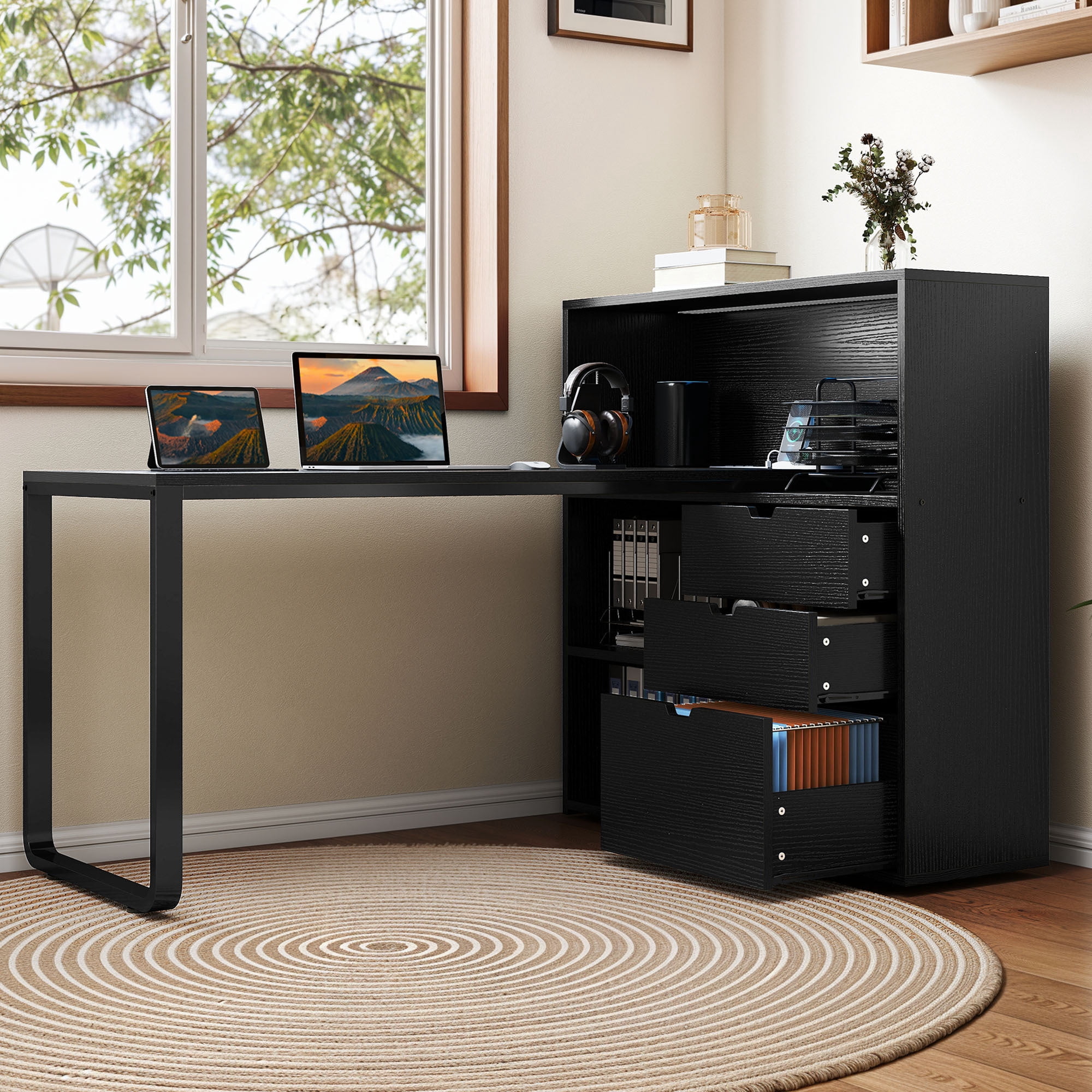 Uforic  55" Corner L Shaped Desk with Power Outlets & LED Lights & File Cabinet, 3 Drawers & 3 Storage Shelves, Home Office Desk with Bookshelf, Black