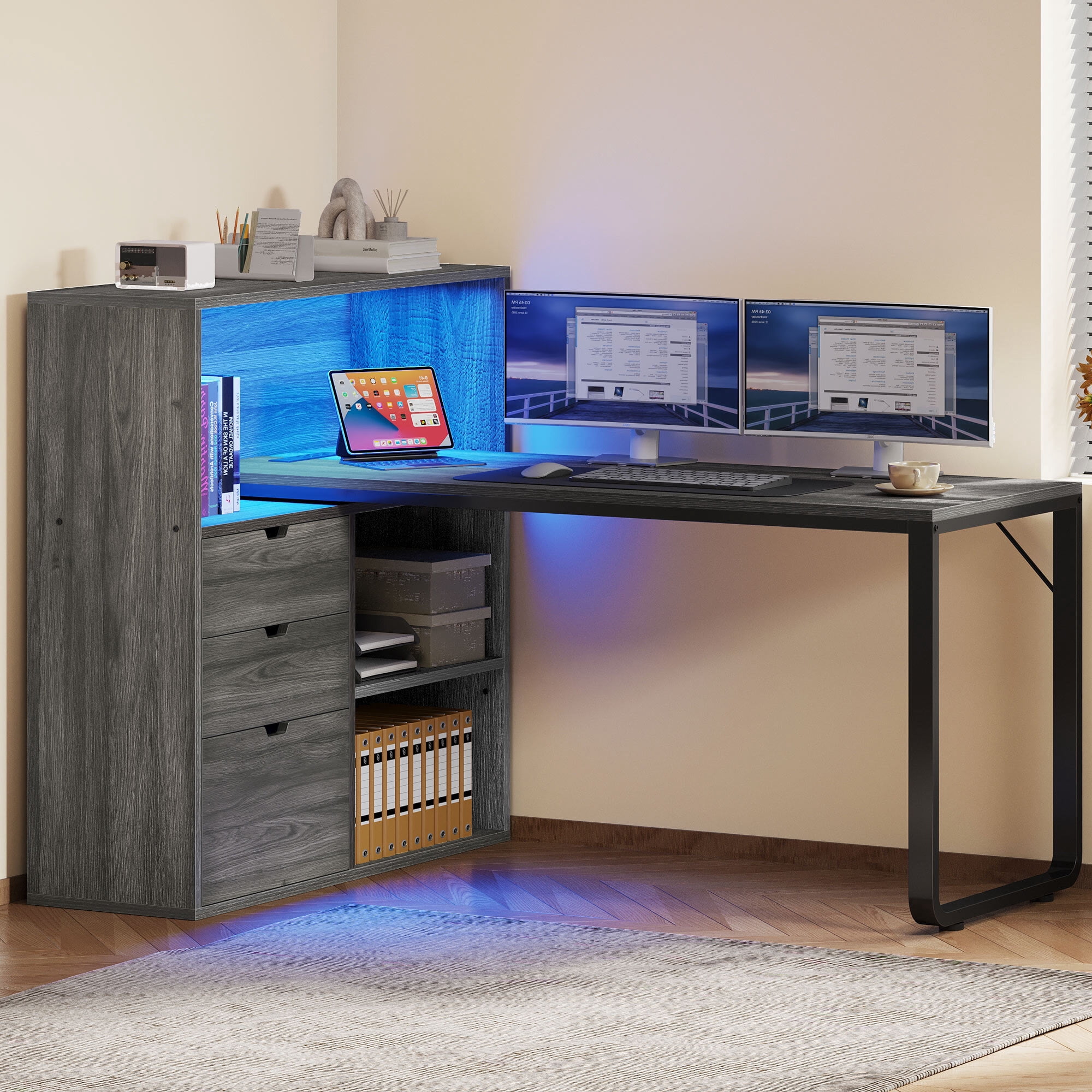 Uforic 55" Corner L Shaped Desk with Power Outlets & LED Lights & File Cabinet, 3 Drawers & 3 Storage Shelves, Home Office Desk with Bookshelf, Gray