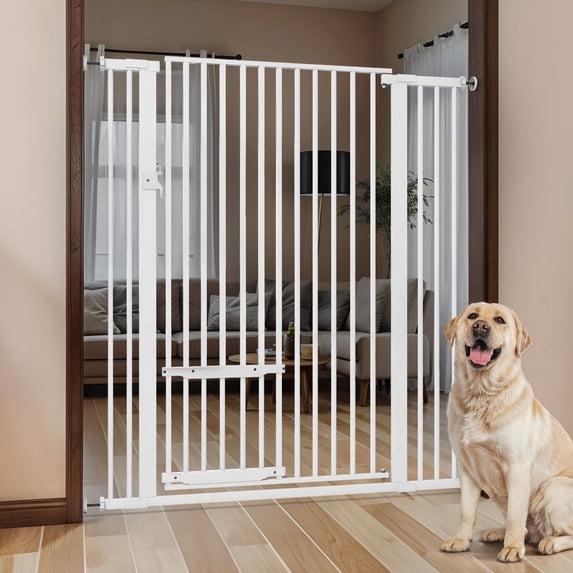 Uforic 55" Extra Tall Pet Gate with Cat Door, 29.5"-40" Wide, Auto-Close, No Drill, White