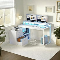 Uforic 55"L Shaped Desk with LED Light, Computer Desk with Power Outlets& Monitor Stand, Corner Desk Office Desk Executive Desk with Drawers& Open Shelf for Home Office, White