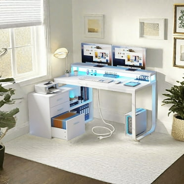 Uforic 55"L Shaped Desk with LED Light, Computer Desk with Power Outlets& Monitor Stand, Corner Desk Office Desk Executive Desk with Drawers& Open Shelf for Home Office, White