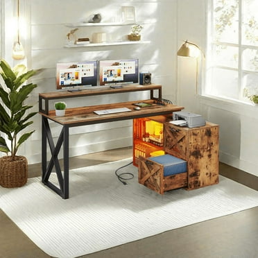 Uforic 55"L Shaped Desk with LED Light, Farmhouse Computer Desk with Power Outlets& Monitor Stand, Corner Desk Office Desk with Drawers& Open Shelf for Home Office, Brown