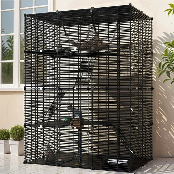 Uforic 55" Large 4 Tier Cat Cage, Indoor Cat Enclosures with Large Hammock, DIY Cat Playpen Metal Kennel for 1-3 Cats,28"L x 41"W x 55"H,Black