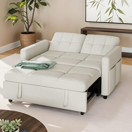Uforic 55" Modern Convertible Sofa Bed with Pull Out Bed, Upholstered Loveseat Sofa Couch with Adjustable Backrest, White