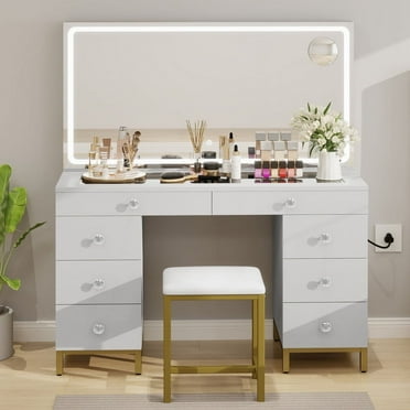 Uforic 55" Vanity Desk with LED Lighted Mirror & Power Outlet & 8 Drawers, Modern Makeup Vanity Table Set with Storage Stool, White