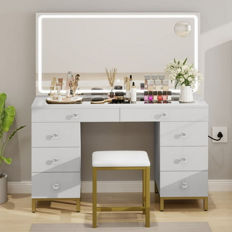 Uforic 55 inch Vanity Desk with LED Lighted Mirror Power Outlet 8 Drawers Modern Makeup Vanity Table Set with Storage Stool White Size 16.5