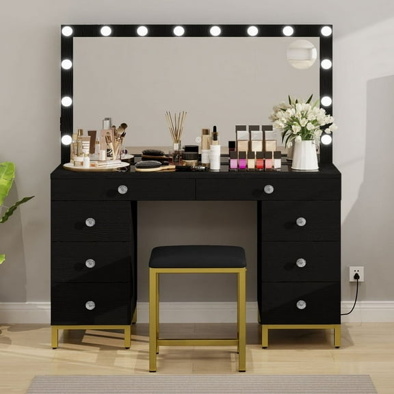 Uforic 55" Vanity Desk with Lighted Mirror & Power Outlet & 8 Drawers, Modern Makeup Vanity Table Set with Storage Stool, Black