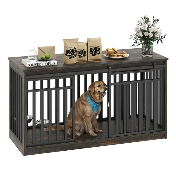 Uforic 55'' W Double Dog Crate Furniture With Sliding Barn Doors & Bowl,Indoor Furniture Style Wooden Large Dog Kennel