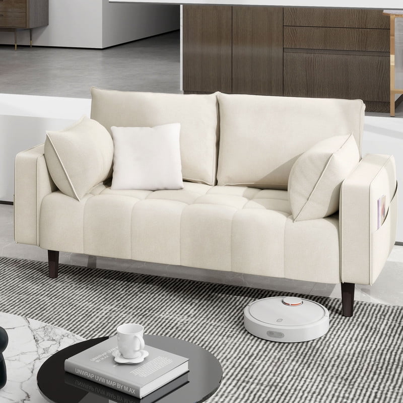 Uforic 56" Beige Velvet Loveseat With Solid Wood Legs, Mid-Century Modern Design