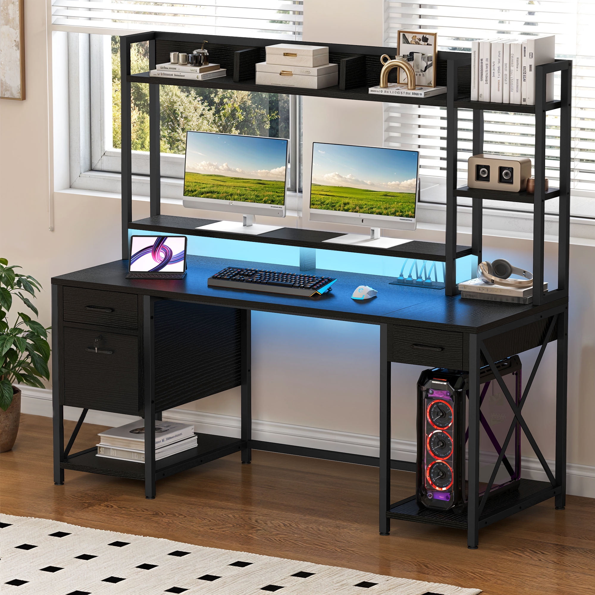 Uforic 59.1 Inch Rustic Brown Computer Desk with Hutch & Drawers with RGB LED Light Strip Multi-Shelf Storage with Sturdy Metal Frame, Black