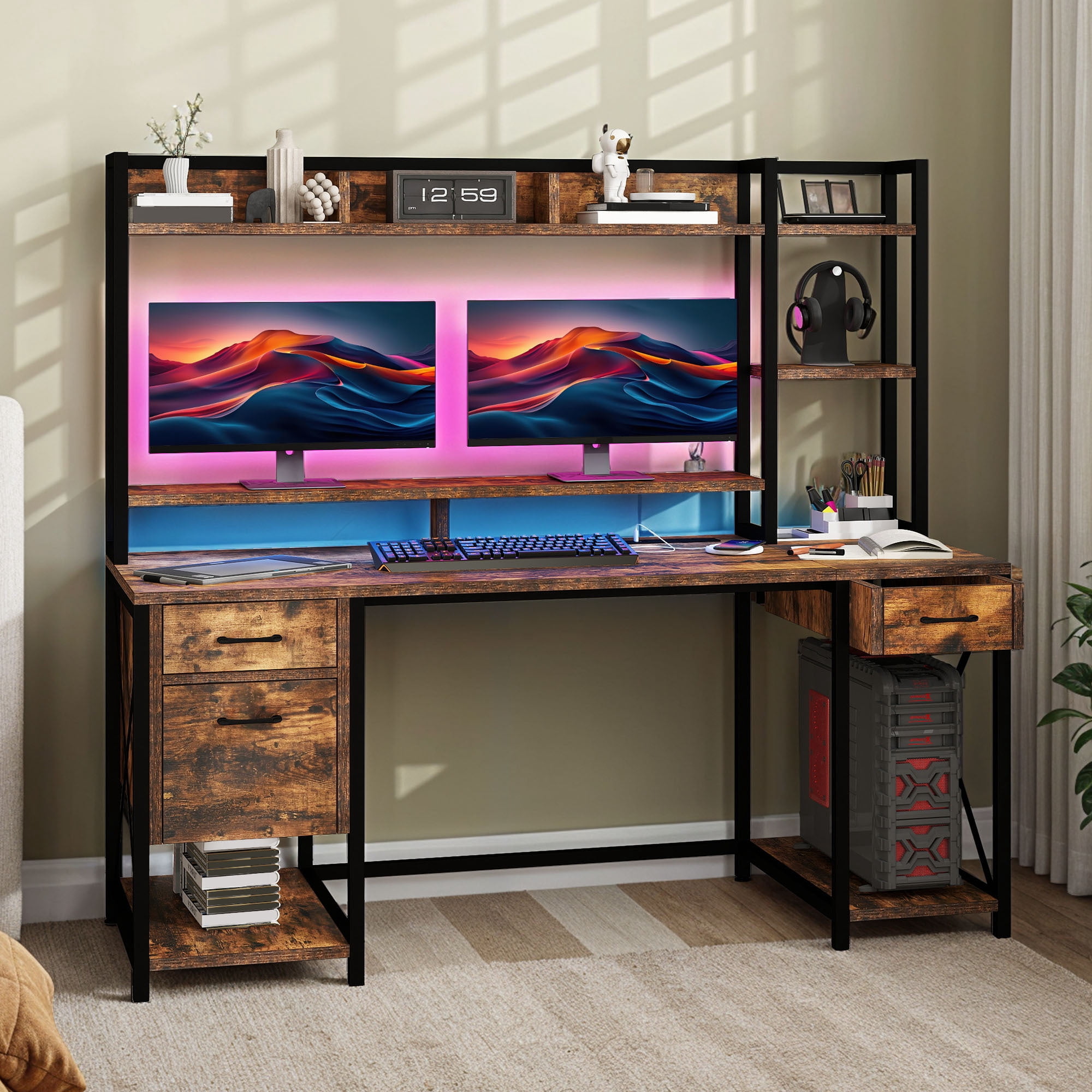Uforic 59.1 Inch Rustic Brown Computer Desk with Hutch & Drawers with RGB LED Light Strip Multi-Shelf Storage with Sturdy Metal Frame, Brown