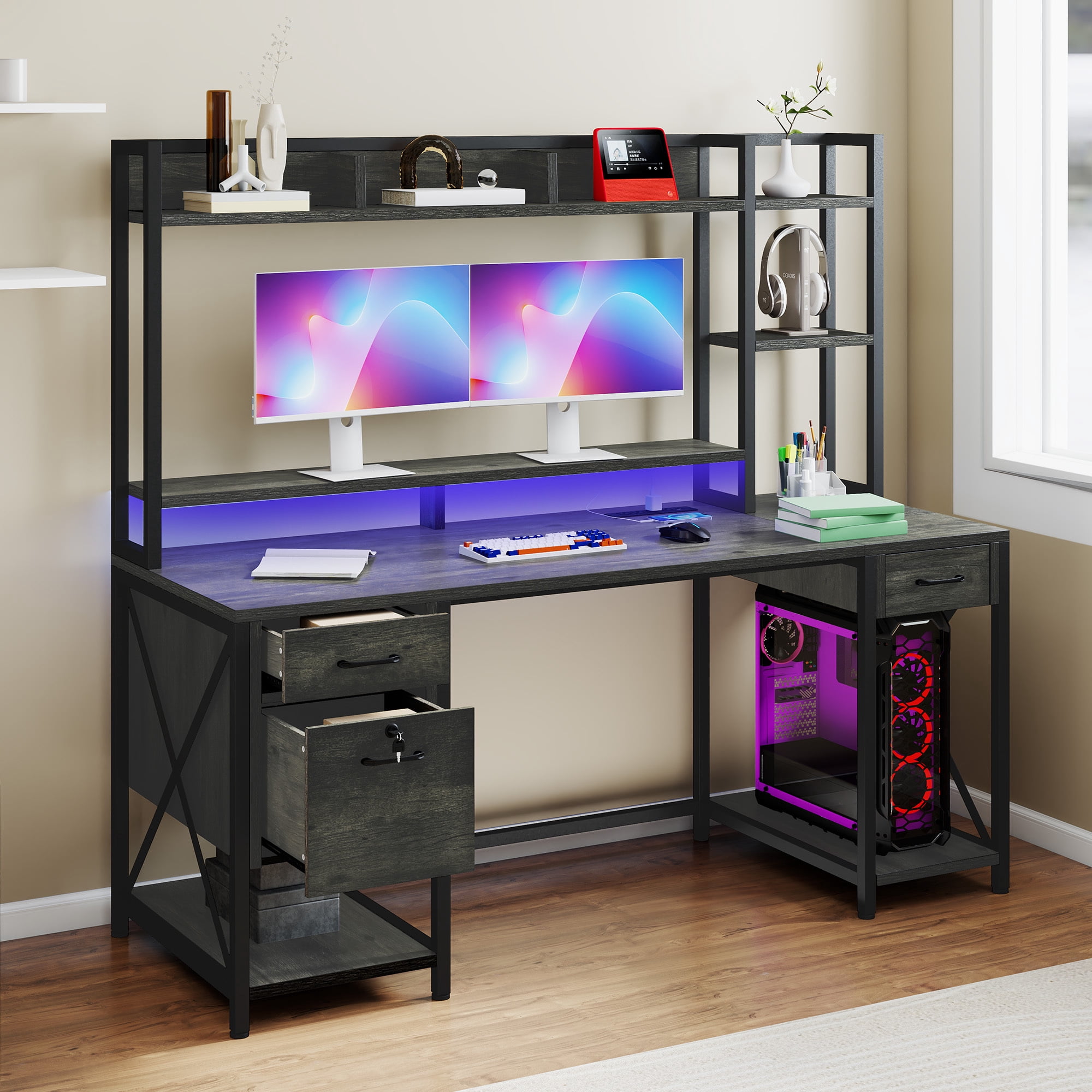 Uforic 59.1 Inch Rustic Brown Computer Desk with Hutch & Drawers with RGB LED Light Strip Multi-Shelf Storage with Sturdy Metal Frame, Gray