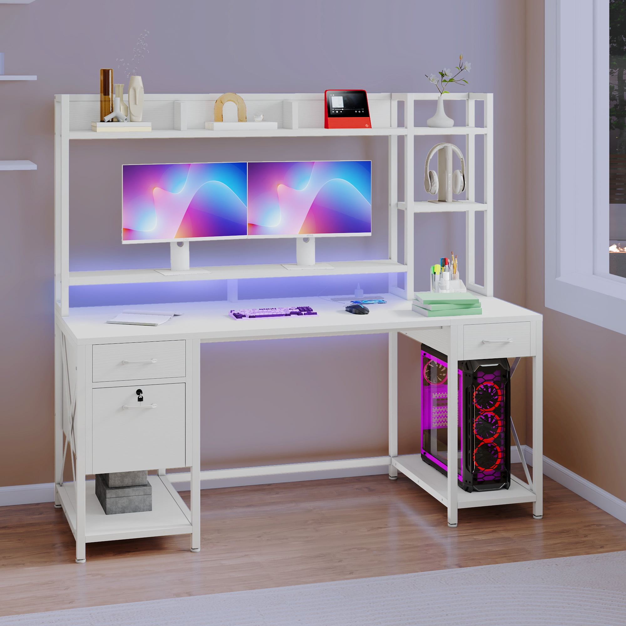 Uforic 59.1 Inch Rustic Brown Computer Desk with Hutch & Drawers with RGB LED Light Strip Multi-Shelf Storage with Sturdy Metal Frame, White