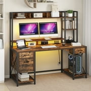 Uforic 59 Computer Desk with Power Outlets & LED Light, Office Desks with Hutch & Monitor Stand, Gaming Desk Executive Desk with Storage Shelves for Home Office , Brown
