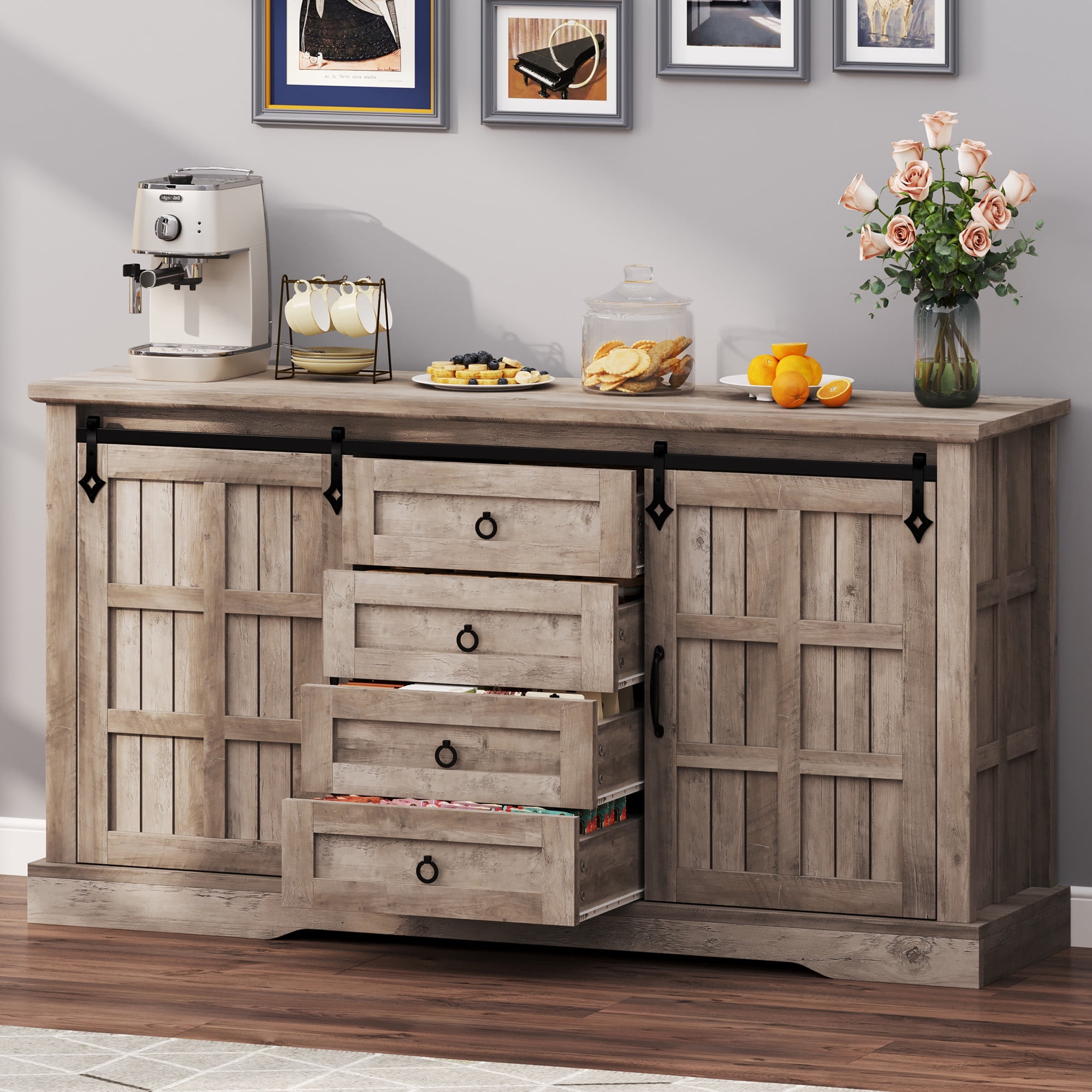 Uforic 59" Farmhouse Sideboard Cabinet, Kitchen Storage Buffet Cabinet with Doors & Drawers & Adjustable Shelves, Wash Gray