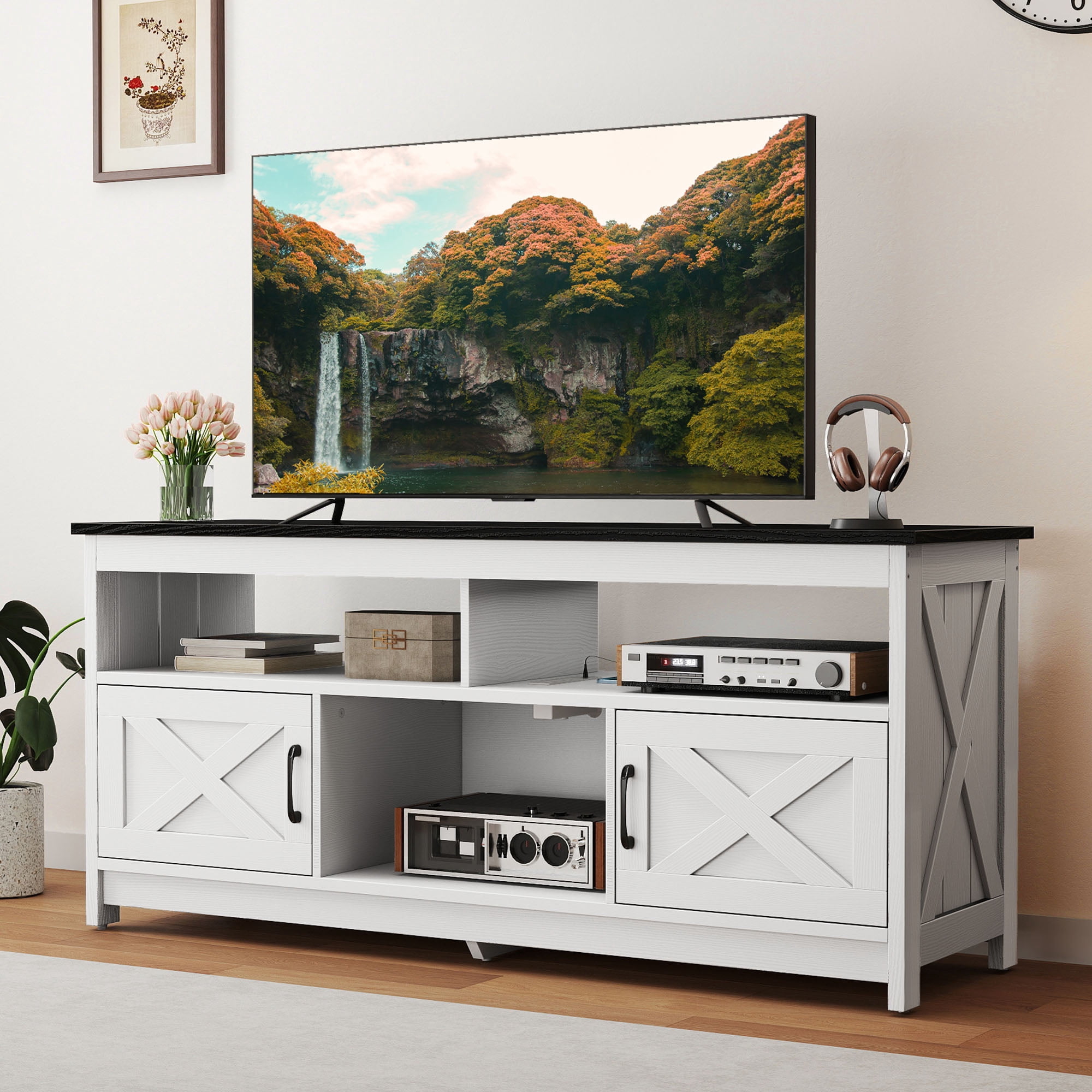 Uforic 59" Farmhouse TV Stand for 55/60 Inch TV with Power Outlet,Entertainment Center TV Console with Door, White & Black