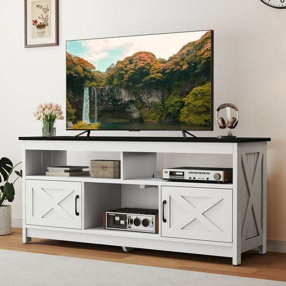 Uforic 59" Farmhouse TV Stand for 55/60 Inch TV with Power Outlet,Entertainment Center TV Console with Door, White & Black