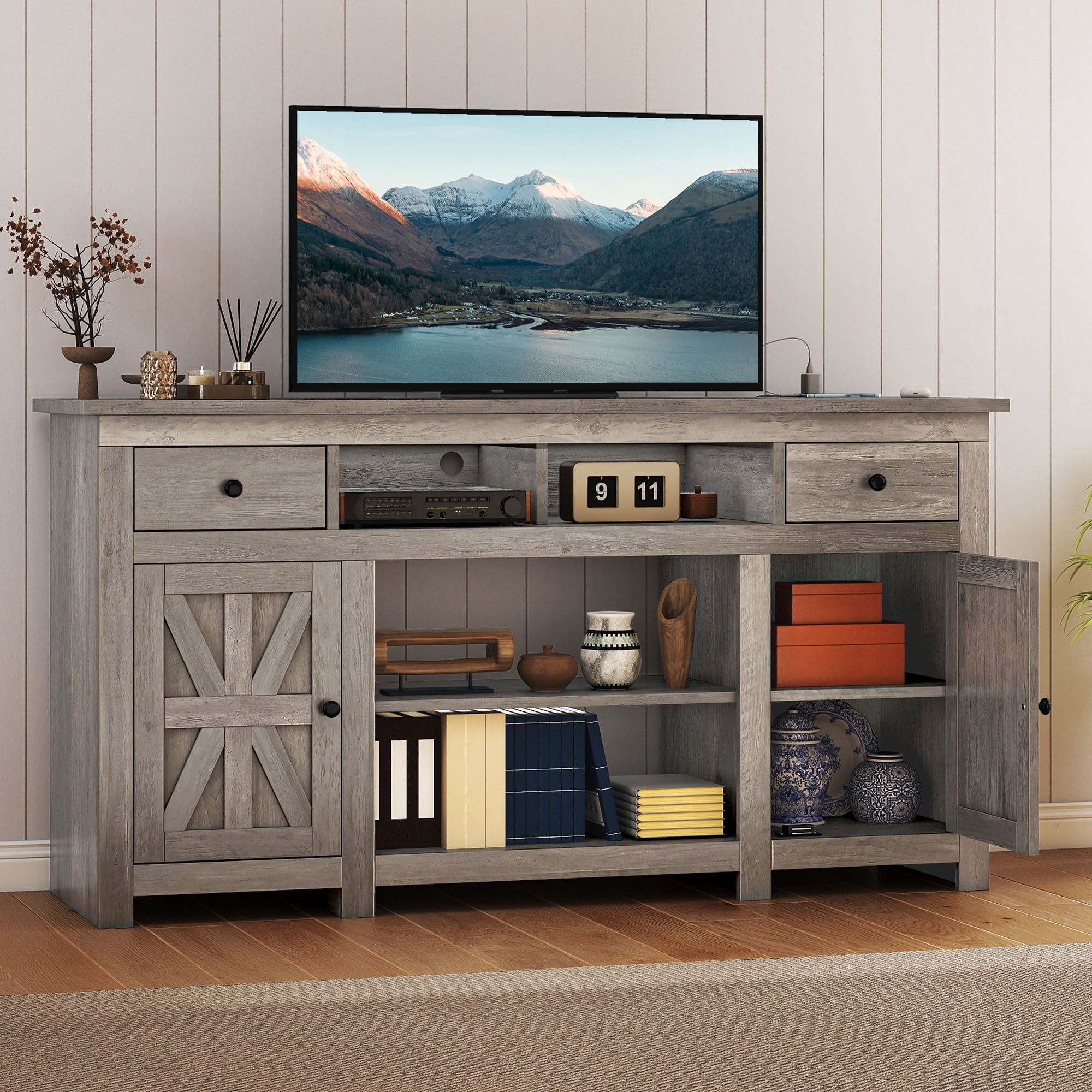 Uforic 59" Farmhouse TV Stand with Storage for Living Room, Entertainment Center for up to 65" TV, Washed Gray