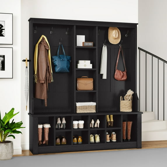 Uforic 59" Hall Tree with Shoe Storage, Coat Rack with Bench for Entryway Corner Narrow Adjustable Shelf, Black