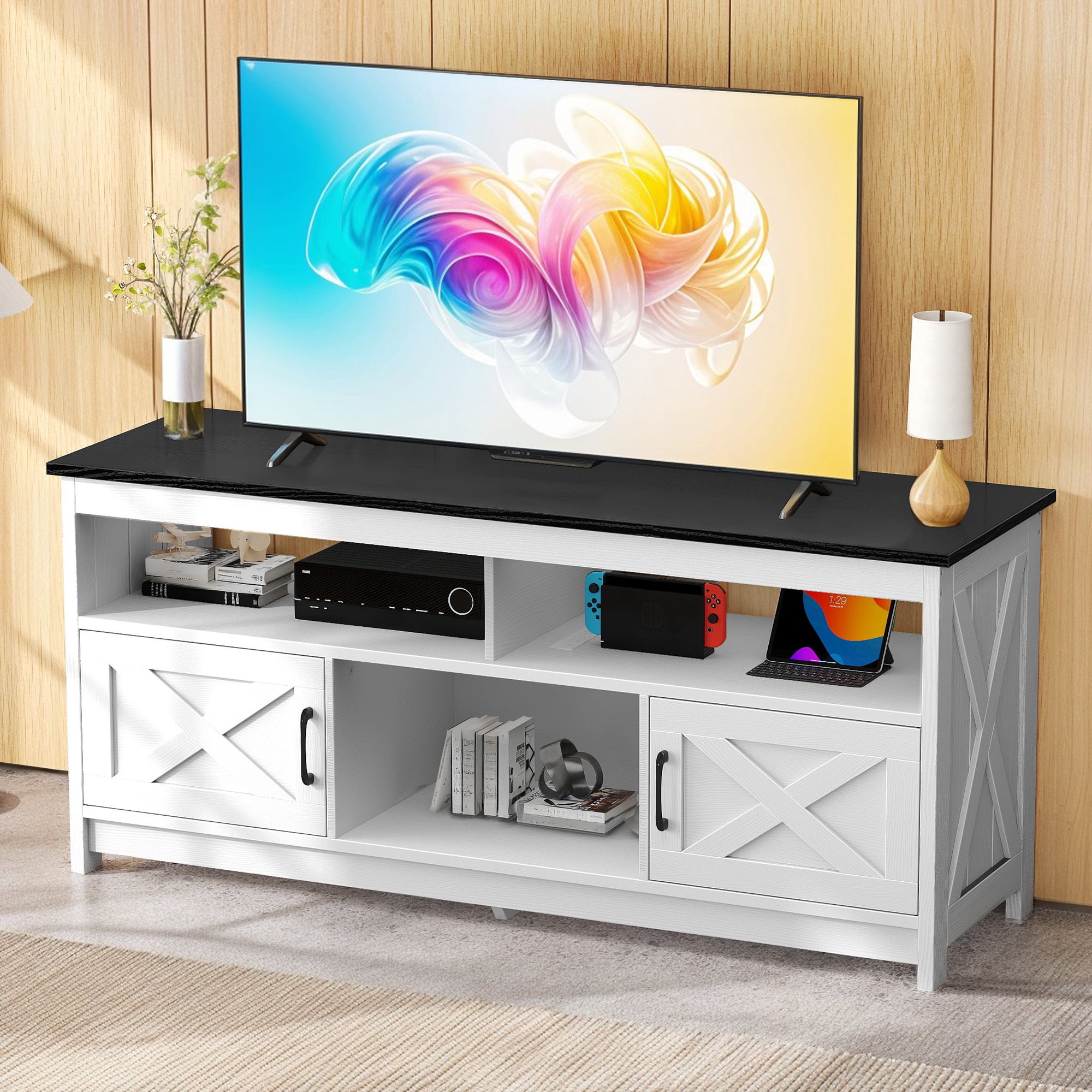 Uforic 59 Inch Rustic TV Cabinet Fits 55/65 Inch TVs, with Side X-Brace Decor, Built-in Charging Station & Partitioned Open Storage Shelves, Home Living Room, Black + White