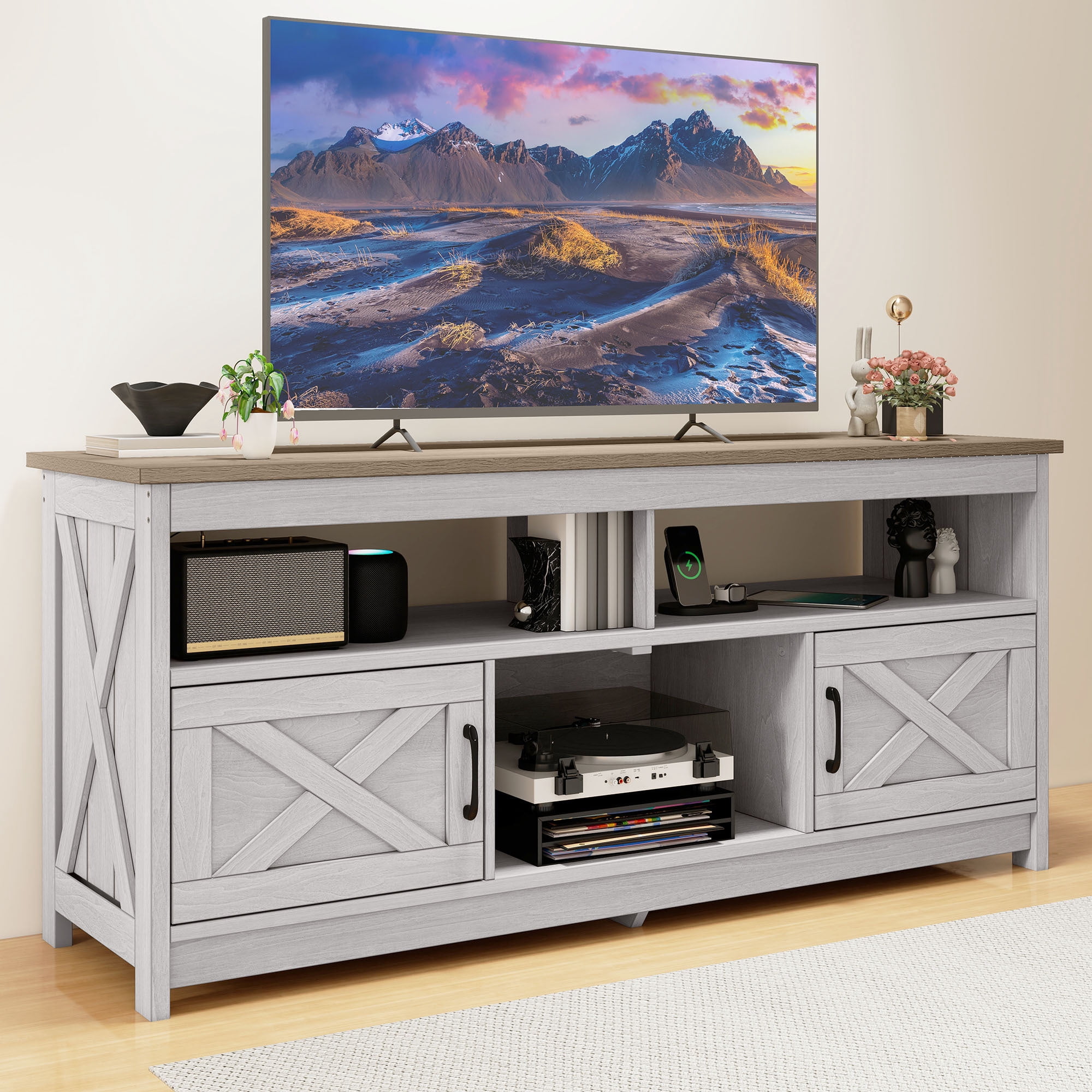 Uforic 59 Inch Rustic TV Cabinet Fits 55/65 Inch TVs, with Side X-Brace Decor, Built-in Charging Station & Partitioned Open Storage Shelves, Home Living Room, Beige + White