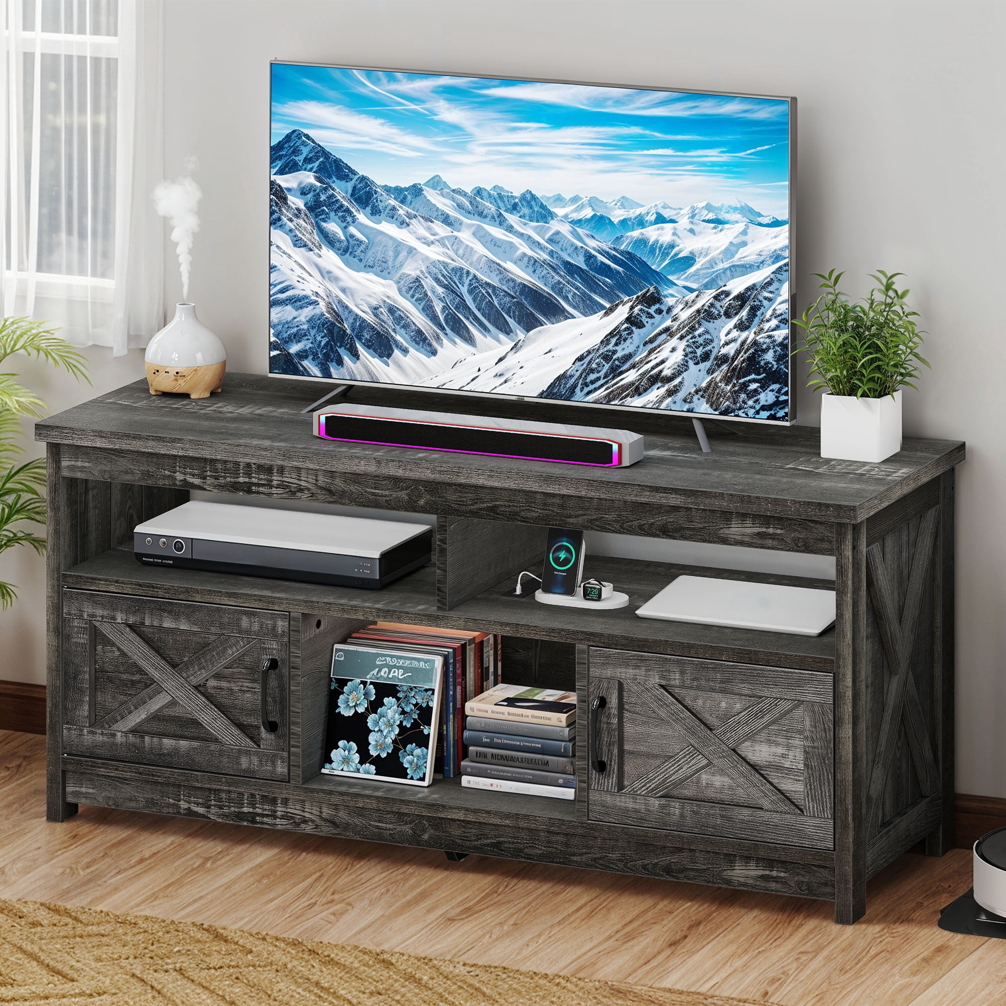 Uforic 59 Inch Rustic TV Cabinet Fits 55/65 Inch TVs, with Side X-Brace Decor, Built-in Charging Station & Partitioned Open Storage Shelves, Home Living Room, Dark Gray