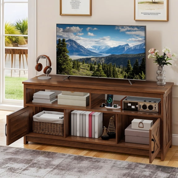 Uforic 59 Inch Rustic TV Cabinet Fits 55/65 Inch TVs, with Side X-Brace Decor, Built-in Charging Station & Partitioned Open Storage Shelves, Home Living Room, Walnut