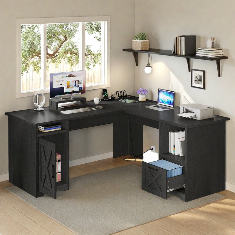 Uforic 59" L Shaped Desk with Power Outlets,Large Computer Desk with Drawers, Home Office Desk,Black