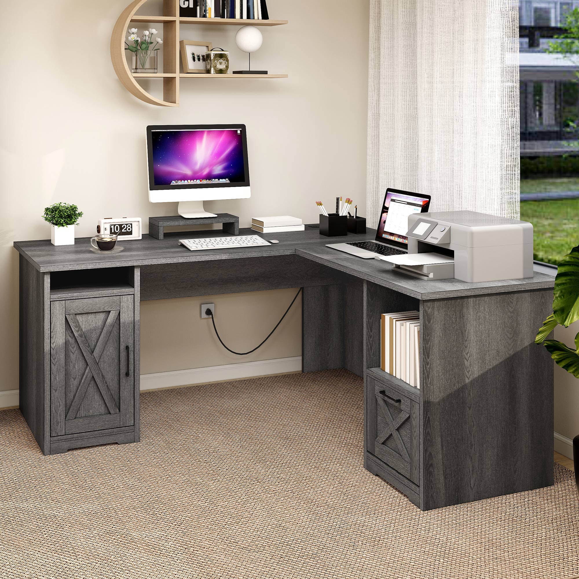 Uforic 59" L Shaped Desk with Power Outlets,Large Computer Desk with Drawers, Home Office Desk,Gray