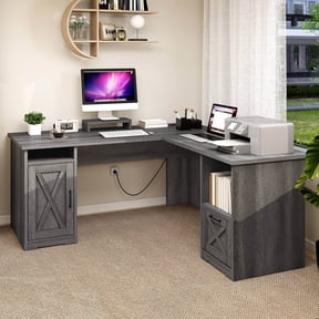 Uforic 59" L Shaped Desk with Power Outlets,Large Computer Desk with Drawers, Home Office Desk,Gray