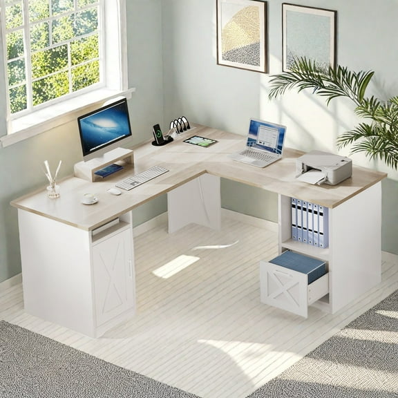 Uforic 59" L Shaped Desk with Power Outlets,Large Computer Desk with Drawers, Home Office Desk,White & Oak