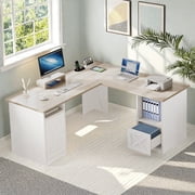 Uforic 59 L Shaped Desk with Power Outlets,Large Computer Desk with Drawers, Home Office Desk,White & Oak
