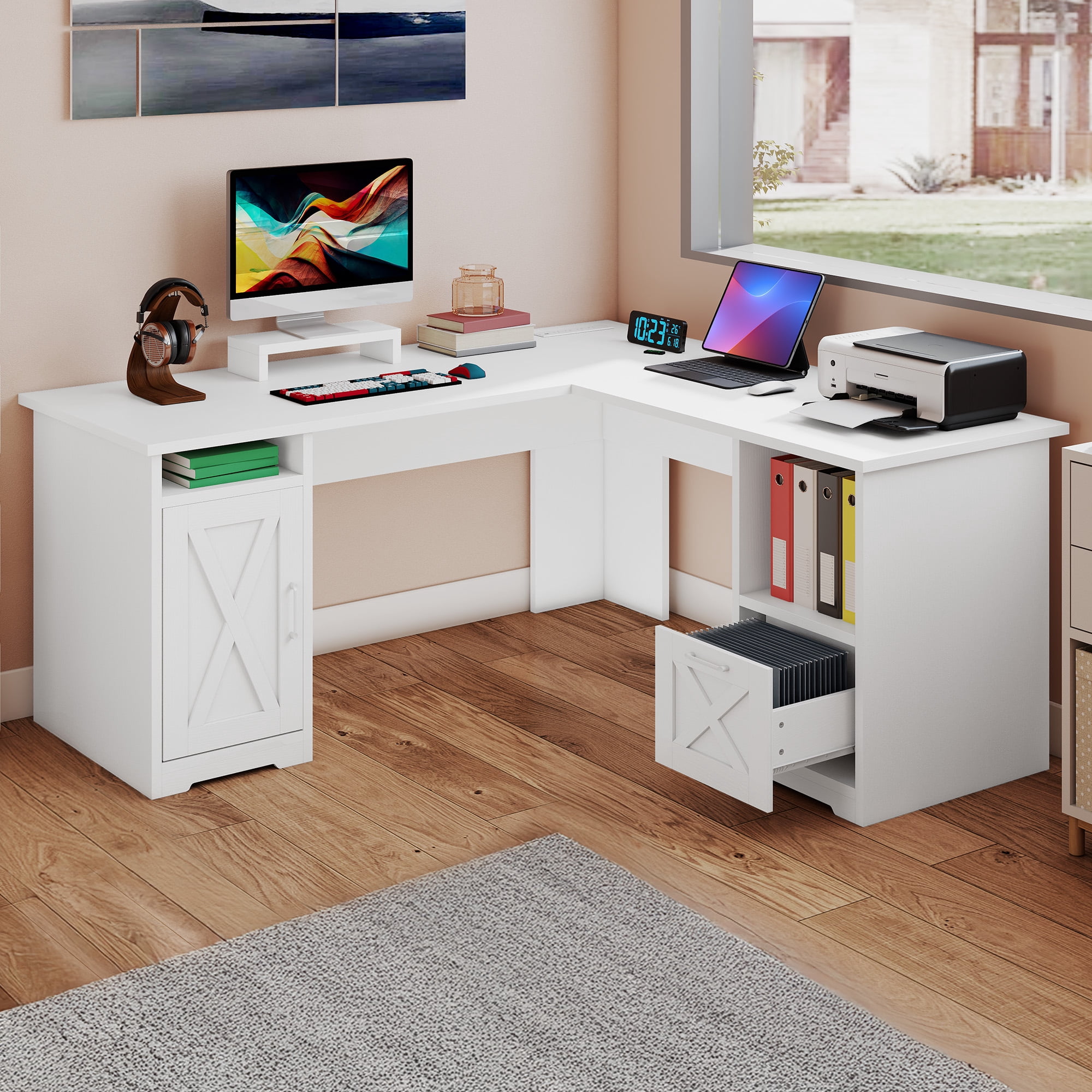 Uforic 59" L Shaped Desk with Power Outlets,Large Computer Desk with Drawers, Home Office Desk,White