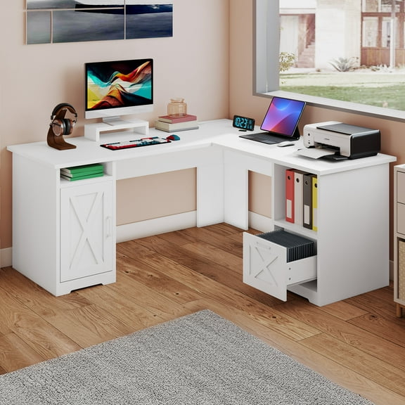 Uforic 59" L Shaped Desk with Power Outlets,Large Computer Desk with Drawers, Home Office Desk,White